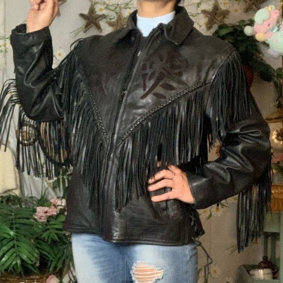 Vintage 80s black leather fringe biker jacket rose patchwork braided accents - Picture 6 of 11